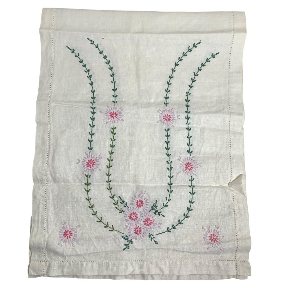Vintage Cottagecore Hand-Embroidered Floral Rectangular Table Runner Linen